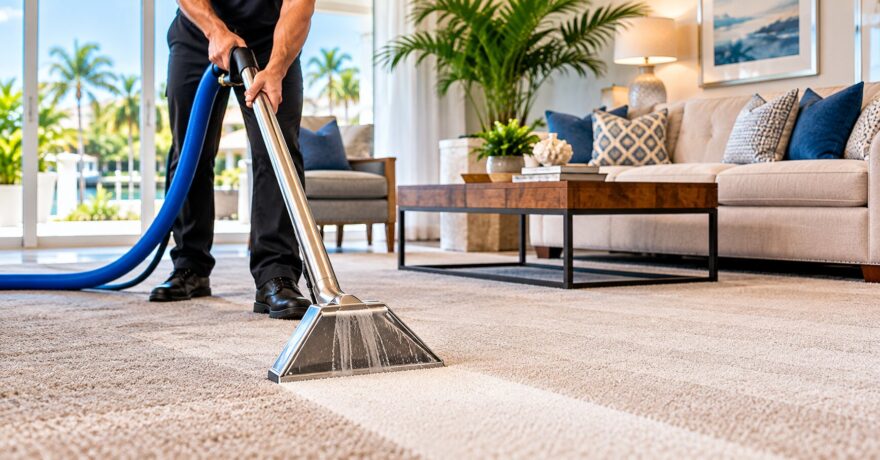 Professional-carpet-cleaning-technician-using-hot-water-extraction-equipment-to-deep-clean-beige-carpeting-in-a-beautifully-furnished-St.-Petersburg-Florida-living-room